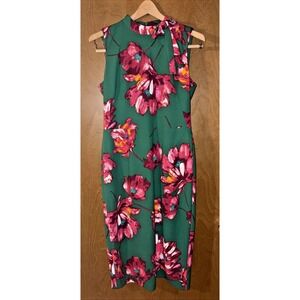Maggy London Green Floral Tie Neck Sleeveless Midi Sheath Dress Size 6